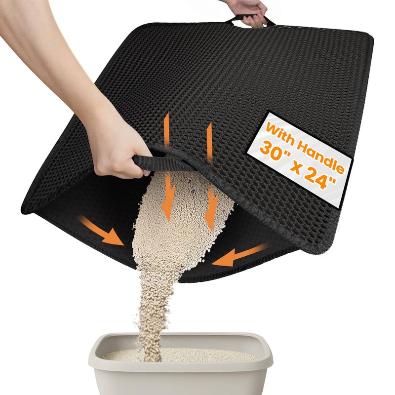 Polarduck Cat Litter Mat-30"X24" Large Litter BoxTrapping Mat for Kitty EVA Honeycomb Double Layer Design, Urine & Waterproof with Handle Design Easier to Clean, Washable, Black - Image 1